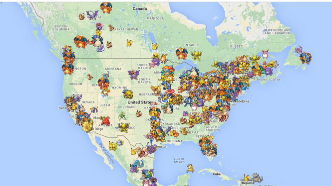 Người dùng Poke Radar chia sẻ vị trí tìm quái thú Pokemon ở khu vực Mỹ, Canada... - Ảnh: Internet