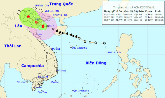 Sơ đồ tâm bão số 1 vào vịnh Bắc Bộ - Ảnh: Trung tâm Dự báo khí tượng thủy văn Trung ương