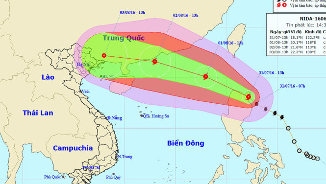 Sơ đồ dự báo bão Nida do Trung tâm dự báo khí tượng thủy văn Trung ương phát lúc 14g30 ngày 31-7