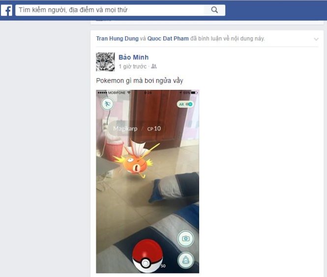 Một người chơi khoe bắt được Pokémon trên Facebook. - Ảnh chụp màn hình