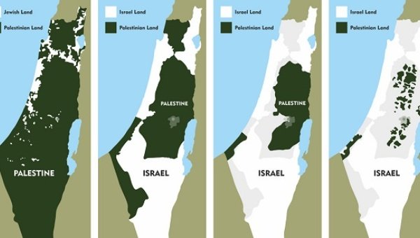 Hình ảnh bản đồ cho thấy phần thể hiện lãnh thổ của Palestine trên Google Map (màu xanh) đã bị thu nhỏ dần từ 1946 đến 2010 - Ảnh WikiCommons