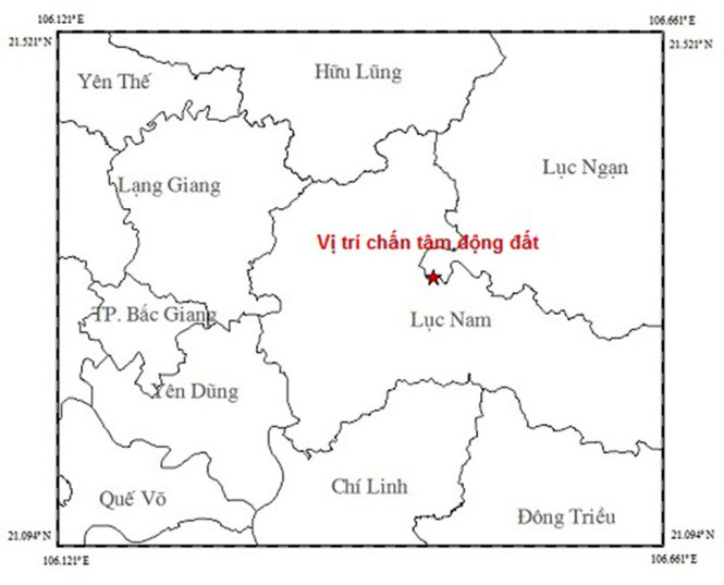 Vị trí xảy ra động đất tại Bắc Giang ngày 13-8. Ảnh: Trung tâm báo tin động đất và cảnh báo sóng thần