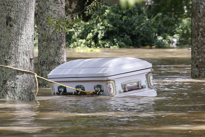 Một chiếc quan tài phải chằng lại nổi lên trong nước lũ tại giáo xứ Ascension, bang Louisiana - Ảnh: Reuters