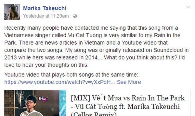 Status của trang Facebook mang tên Marika Takeuchi đặt nghi vấn về ca khúc Vết mưa của Vũ Cát Tường - Ảnh: FBNV
