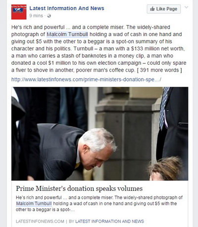 Một tài khoản trên Facebook chỉ trích ông Malcolm Turnbull keo kiệt - Ảnh chụp màn hình Facebook