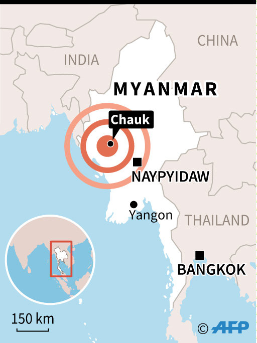 Tâm chấn và phạm vi lan tỏa sau trận động đất 6,8 độ Richter ở Myanmar ngày 24-8 - Ảnh: AFP