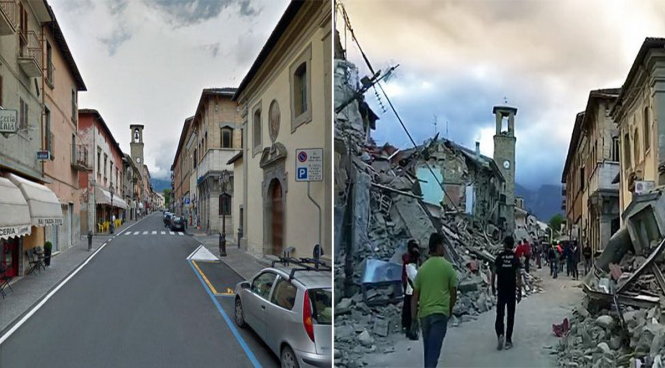 Con đường chính ở Amatrice trước và sau động đất - Ảnh: Google/AFP