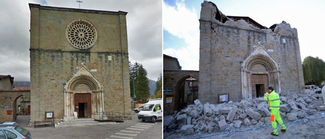 Nhà thờ ở Amatrice trước và sau động đất - Ảnh: GOOGLE/AFP