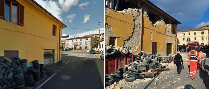 Một tòa nhà ở thị trấn Accumoli trước và sau động đất - Ảnh: GOOGLE/REUTERS
