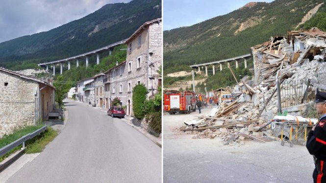 Nhà cửa trên một đoạn đường ở Pescara del Tronto bị hủy gần như hoàn toàn sau động đất  - Ảnh: GOOGLE/EPA