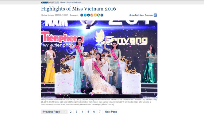 Chùm ảnh về cuộc thi Hoa hậu Việt Nam 2016 trên Chinadaily - Ảnh chụp màn hình