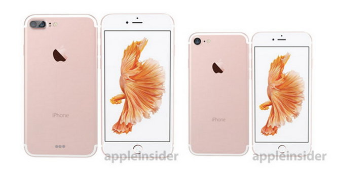 Ảnh đồ họa thể hiện mặt sau hai phiên bản iPhone 7 Plus (trái) với camera kép và iPhone 7 - Ảnh: AppleInsider