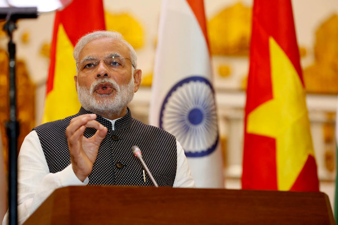Thủ tướng Ấn Độ Narendra Modi tại cuộc họp báo sau hội đàm với Thủ tướng Nguyễn Xuân Phúc sáng 3-9. Ảnh: VIỆT DŨNG