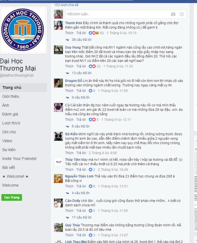 Hàng trăm ý kiến bình luận trên fanpage cộng đồng sinh viên Trường ĐH Thương mại quanh chuyện điểm cao trượt, điểm thấp lại trúng tuyển