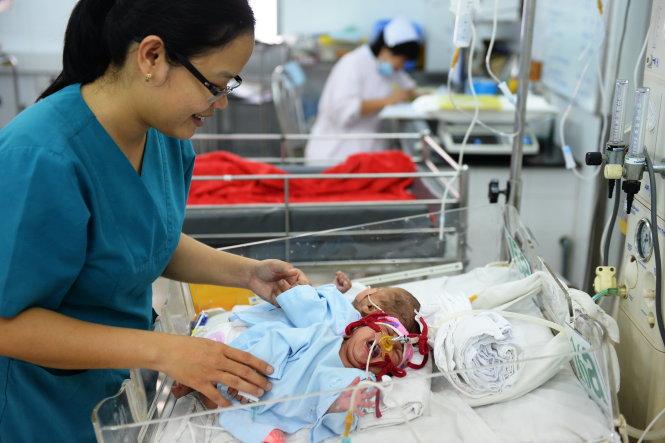 Hai bé dính nhau được chăm sóc tại Bệnh viện Nhi Đồng 2 - Ảnh: HỮU KHOA