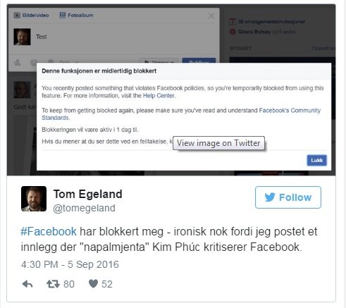 Nhà báo Tom Egeland đăng lại trên Twitter hình ảnh tài khoản Facebook của anh bị chặn vì đăng bức ảnh 