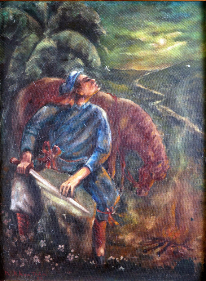 Tráng sĩ mài gươm (sơn dầu, 70x86cm, năm 1983) của Nguyễn Khoa Toàn.