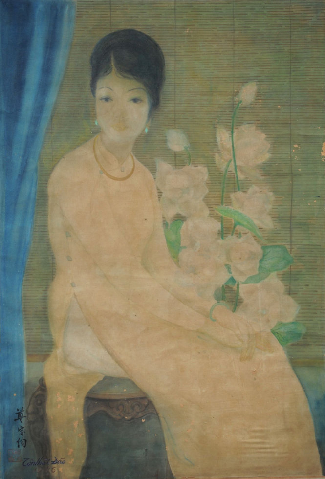 Thiếu nữ bên hoa sen (lụa, 50x70cm, năm 1946) của Tôn Thất Đào. 