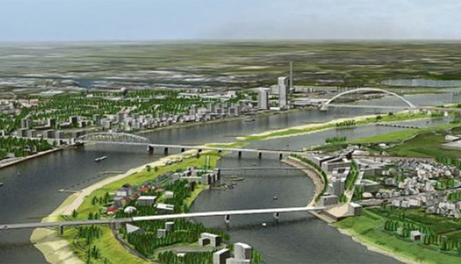 Mô hình một công trình thuộc dự án Room for River trong đó người ta đào con kênh song song dòng sông, biến doi đất trở thành một hòn đảo - Ảnh: roomforriver