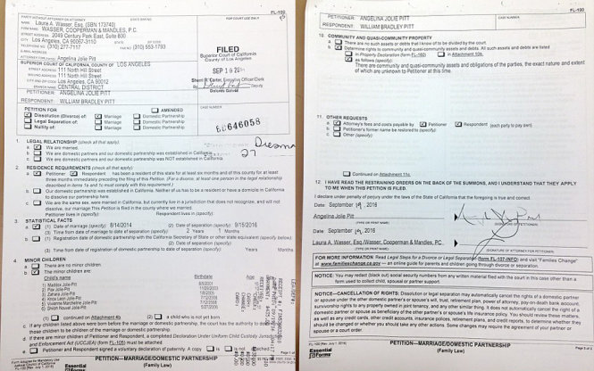 Hai trang trong bộ đơn xin ly dị mà A. Jolie gửi lên tòa - Ảnh: Dailymail.