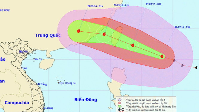 Sơ đồ dự báo hướng đi và vùng ảnh hưởng của bão Megi - Ảnh: TT DỰ BÁO KHÍ TƯỢNG THỦY VĂN TƯ