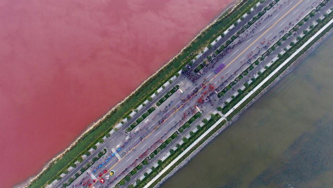 Hồ nước một bên xanh một bên hồng gây hứng thú cho du khách - Ảnh: CHINA DAILY