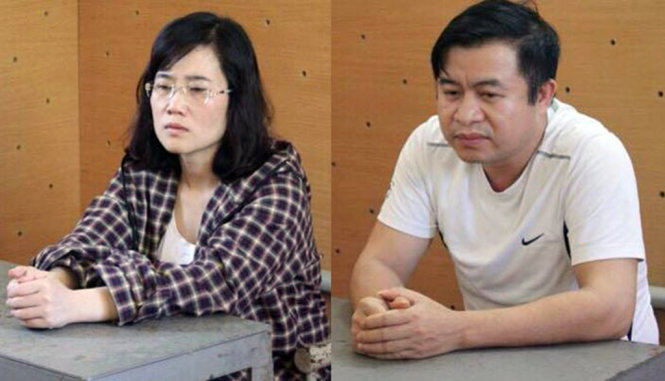 Hai bị can Nguyễn Thị Lam và Đặng Đình Hồng tại cơ quan điều tra - Ảnh: Công an cung cấp