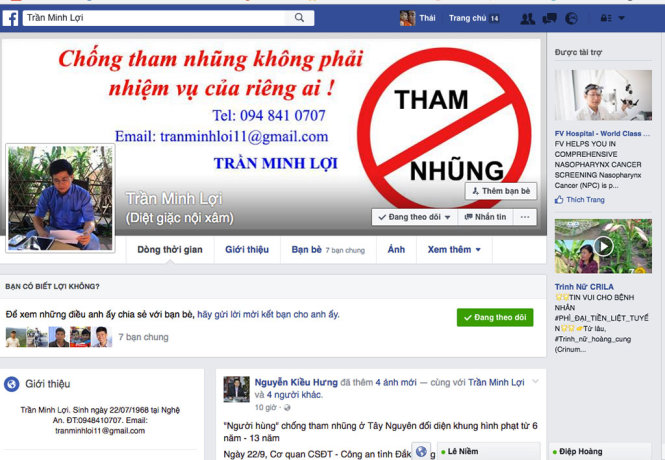 Facebook cá nhân của ông Trần Minh Lợi đăng tải nhiều tư liệu được cho là bằng chứng các vụ tiêu cực - Ảnh: T.B.D