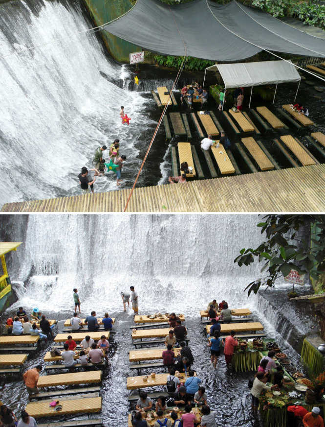 Nhà hàng thác Labassin, Villa Escudero Resort, Philippines, nơi thực khách được dùng bữa giữa thác nước