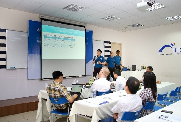 Sinh viên quốc tế chất lượng cao trình bày đồ án tốt nghiệp bằng tiếng Anh trước hội đồng khoa học. - Ảnh: ITEC
