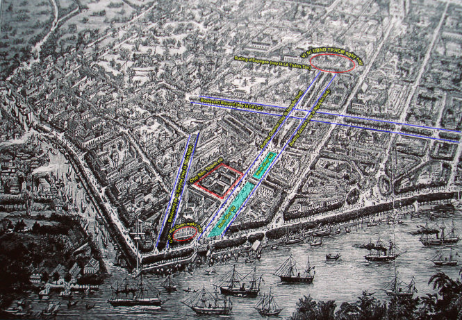 Vị trí chợ Bến Thành cũ trên bản đồ Sài Gòn năm 1881 do người Pháp vẽ - Đồ họa: T.Thiên