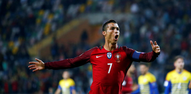 Ronaldo ăn mừng bàn thắng vào lưới Andorra, Ảnh: REUTERS