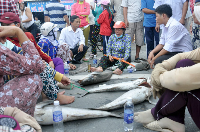 Những người phụ nữ đem cá và ngồi trên quốc lộ 51 để phản đối việc cá chết liên tục - Ảnh: ĐÔNG HÀ