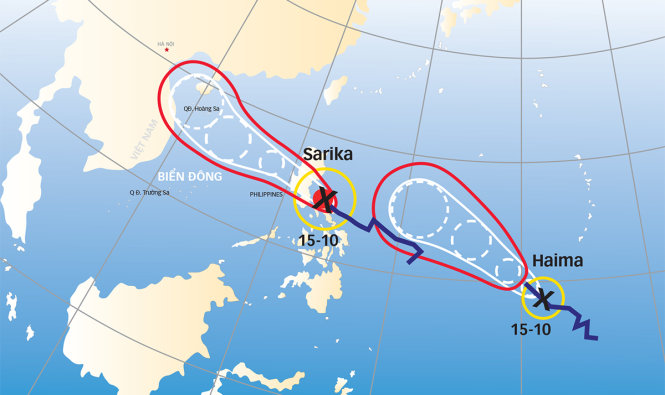 Sơ đồ đường đi và tầm hoạt động của bão Sarika và Haima Nguồn: Cơ quan dự báo Nhật - Đồ họa: V.CƯỜNG