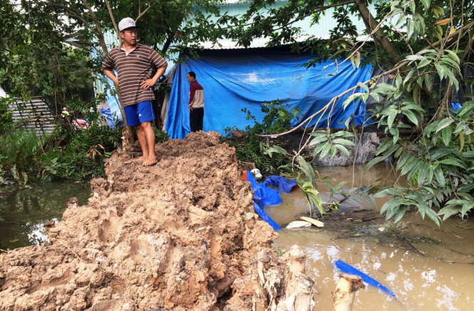 Bờ đê được phường Thạnh Xuân đắp tạm đê ngăn nước - Ảnh: Lê Phan