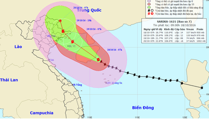Đường đi của bão số 7 - bão Sarika trong ngày 18-10 và 19-10 - Ảnh: Trung tâm khí tượng thủy văn trung ương