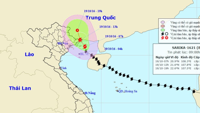 Sơ đồ dự báo bão số 7 - Ảnh: TT Dự báo khí tượng thủy văn TƯ phát lúc 9g sáng 19-10