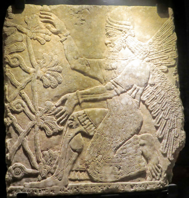 Bức phù điêu nhà hiền triết mang đôi cánh quỳ dưới cây thiêng trong triều đại vua Ashurnasirpal II người Assyria, năm 883-859 trước công nguyên - Ảnh: Kim Ngân