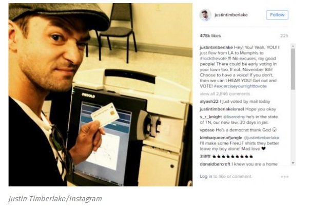 Bức ảnh ca sĩ, diễn viên Timberlake tung lên mạng xã hội Instagram cho thấy anh đi bỏ phiếu sớm trong cuộc bầu cử tổng thống Mỹ năm nay - Ảnh: Chụp lại từ màn hình