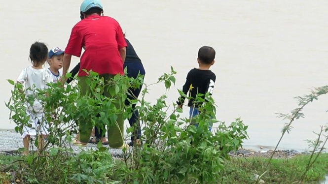 Nhiều bậc phụ huynh hồn nhiên đưa con nhỏ ra ngay sát mép sông Gianh chơi đùa với nước lũ – Ảnh: QUỐC NAM