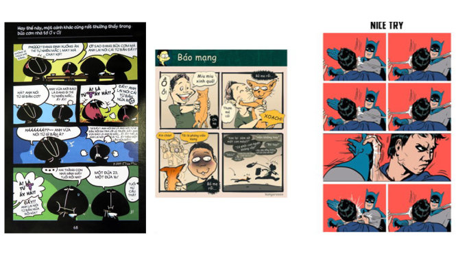 Một trang truyện Mèo Mốc tập 3 (trái) và một trang bản thảo của Truyện cực ngắn - hai trong những tác phẩm được cộng đồng sáng tác/đọc truyện tranh nhắc đến gần đây như những dẫn chứng về cái khó của làm truyện tranh - Ảnh: L.ĐIỀN