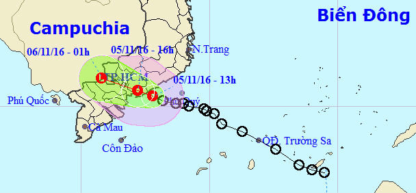 Vị trí và hướng di chuyển của áp thấp nhiệt đới vào lúc 14g30 ngày 5-11 - Nguồn: Trung Tâm Khí tượng Thuỷ văn Trung ương
