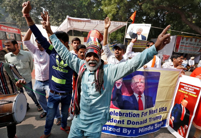 Hindu Sena, a right-wing Hindu group, celebrate Republican presidential nominee Donald Trump's victory in the U.S. elections, in New Delhi, India