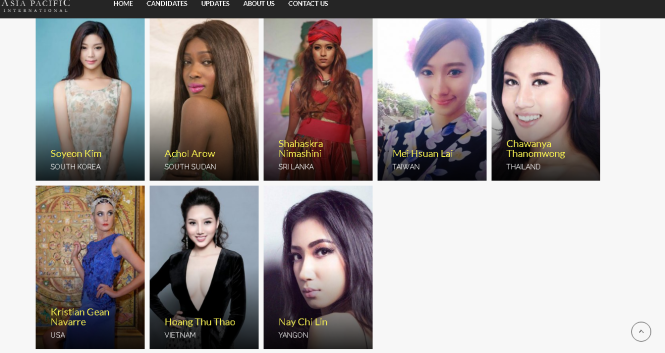 Hình ảnh của Hoàng Thu Thảo trên website chính thức của Miss Asia Pacific International 2016 - Ảnh chụp lại từ màn hình
