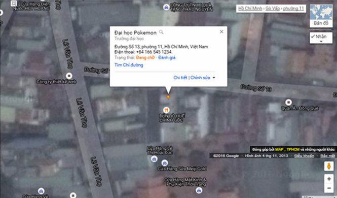 Một địa điểm sai lệch do người chơi Pokemon Go tại Việt Nam tạo ra trên bản đồ đánh lừa những người khác - Ảnh: Google Map Maker Việt Nam