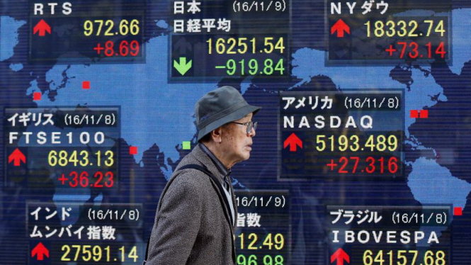 Bảng điện tử hiển thị tình hình thị trường chứng khoán ngày 9-11 tại Tokyo Ảnh: Reuters