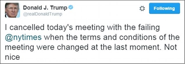 Dòng thông báo hủy gặp The New York Times trên Twitter của ông Trump lúc 6g15 sáng 22-11 - Ảnh: Twitter
