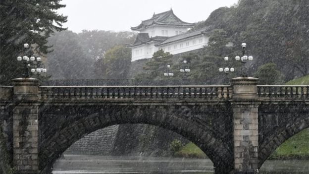 Tuyết rơi bên ngoài Cung điện Hoàng gia ở Tokyo - Ảnh: EPA