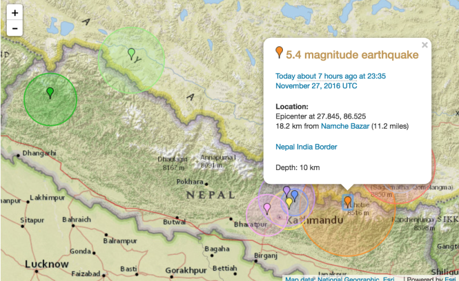 Vị trí tâm chấn và cường độ trận động đất sáng ngày 28-11 ở Nepal - Ảnh: National Geographic/Esri