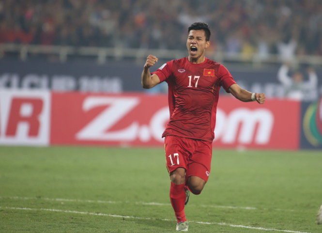 Văn Thanh ăn mừng bàn thắng vào lưới Indonesia. Ảnh: N.K